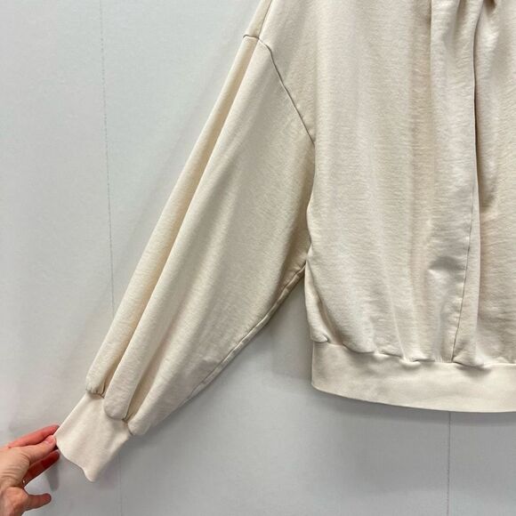 Frame Women’s Large Gathered French Terry Cotton Crewneck Sweater Ivory Bone - Picture 6 of 15